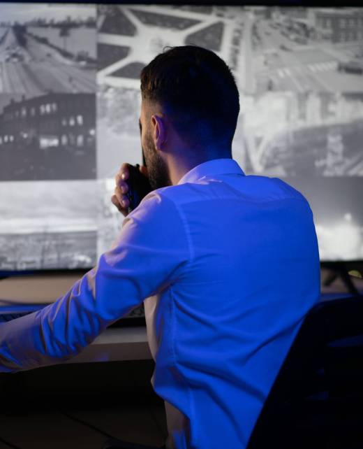 Security System CCTV Monitor Room. Man Using Walkie Talkie Security System CCTV Monitor Room. Man Using Walkie Talkie.
